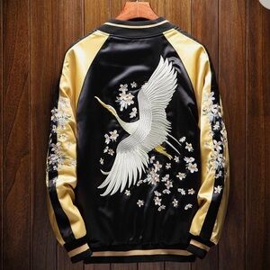 KOISEA Reversible Sukajan Jacket – Embroidered Crane & Flowers Black/Gold Bomber